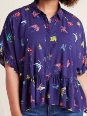 Maeve  “Mallory” Navy Ruffled Blouse size S, EUC